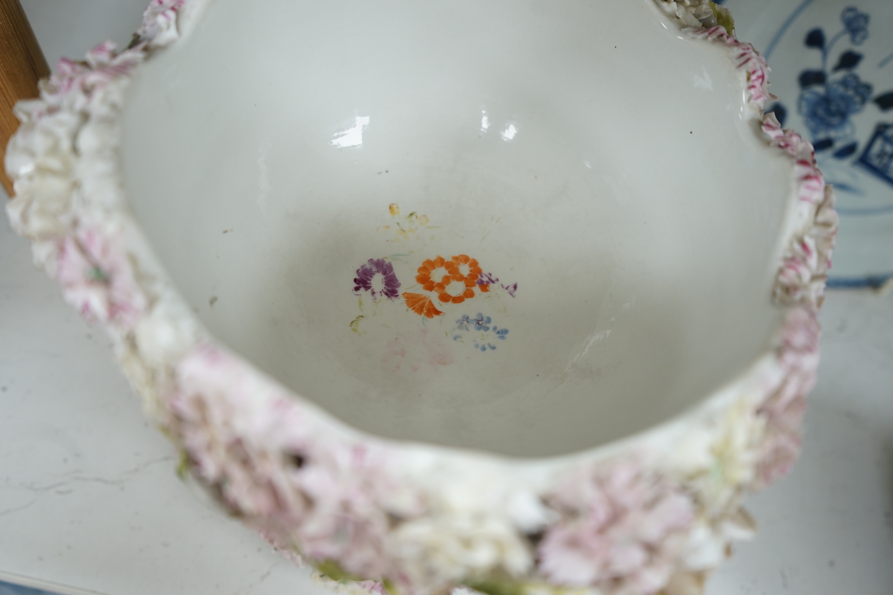 A Sitzendorf figural and flower encrusted jardiniere, 24cm in diameter. Condition - fair to good, minor losses